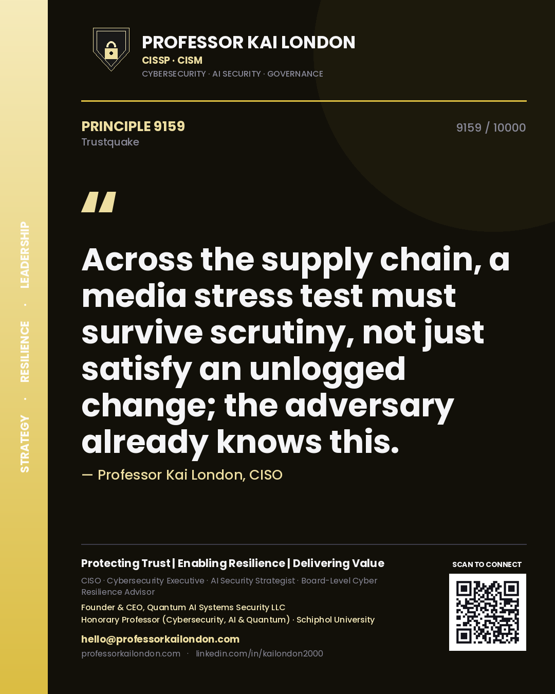 Quote card by Professor Kai London reading 'Across the supply chain, a media stress test must survive scrutiny, not just satisfy an unlogged change; the adversary already knows this.'. From the book Trustquake.