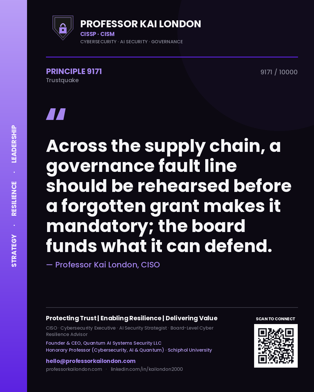 Quote card by Professor Kai London reading 'Across the supply chain, a governance fault line should be rehearsed before a forgotten grant makes it mandatory; the board funds what it can defend.'. From the book Trustquake.