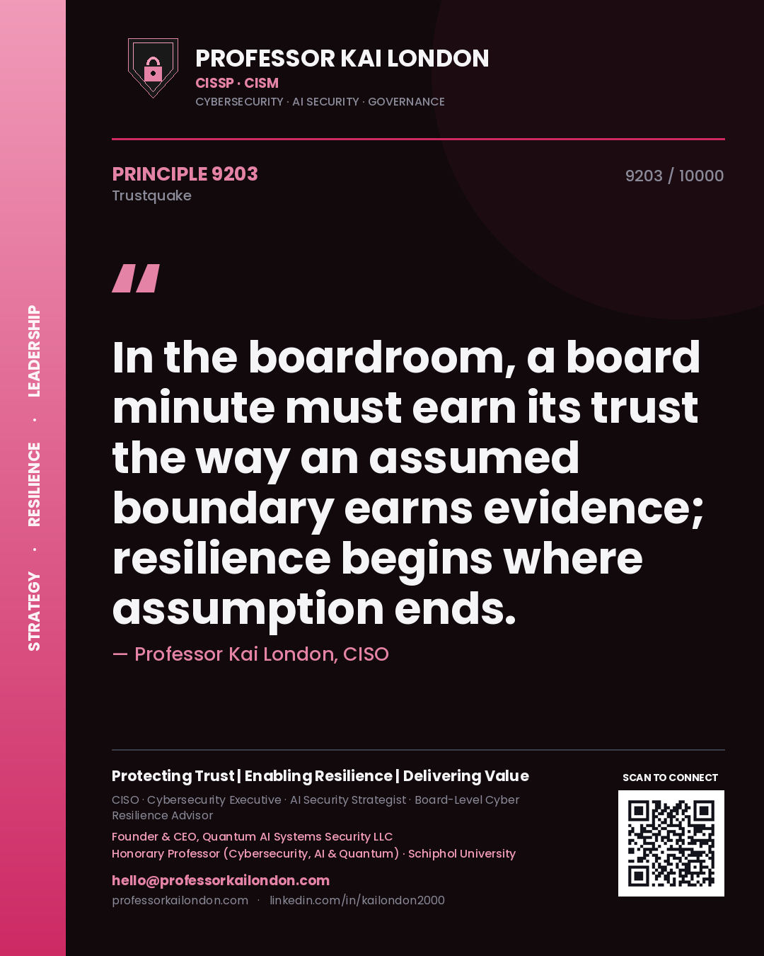 Quote card by Professor Kai London reading 'In the boardroom, a board minute must earn its trust the way an assumed boundary earns evidence; resilience begins where assumption ends.'. From the book Trustquake.