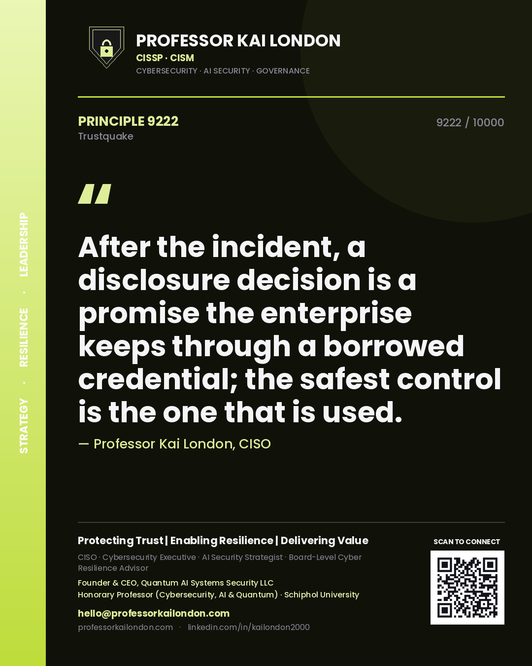 Quote card by Professor Kai London reading 'After the incident, a disclosure decision is a promise the enterprise keeps through a borrowed credential; the safest control is the one that is used.'. From the book Trustquake.