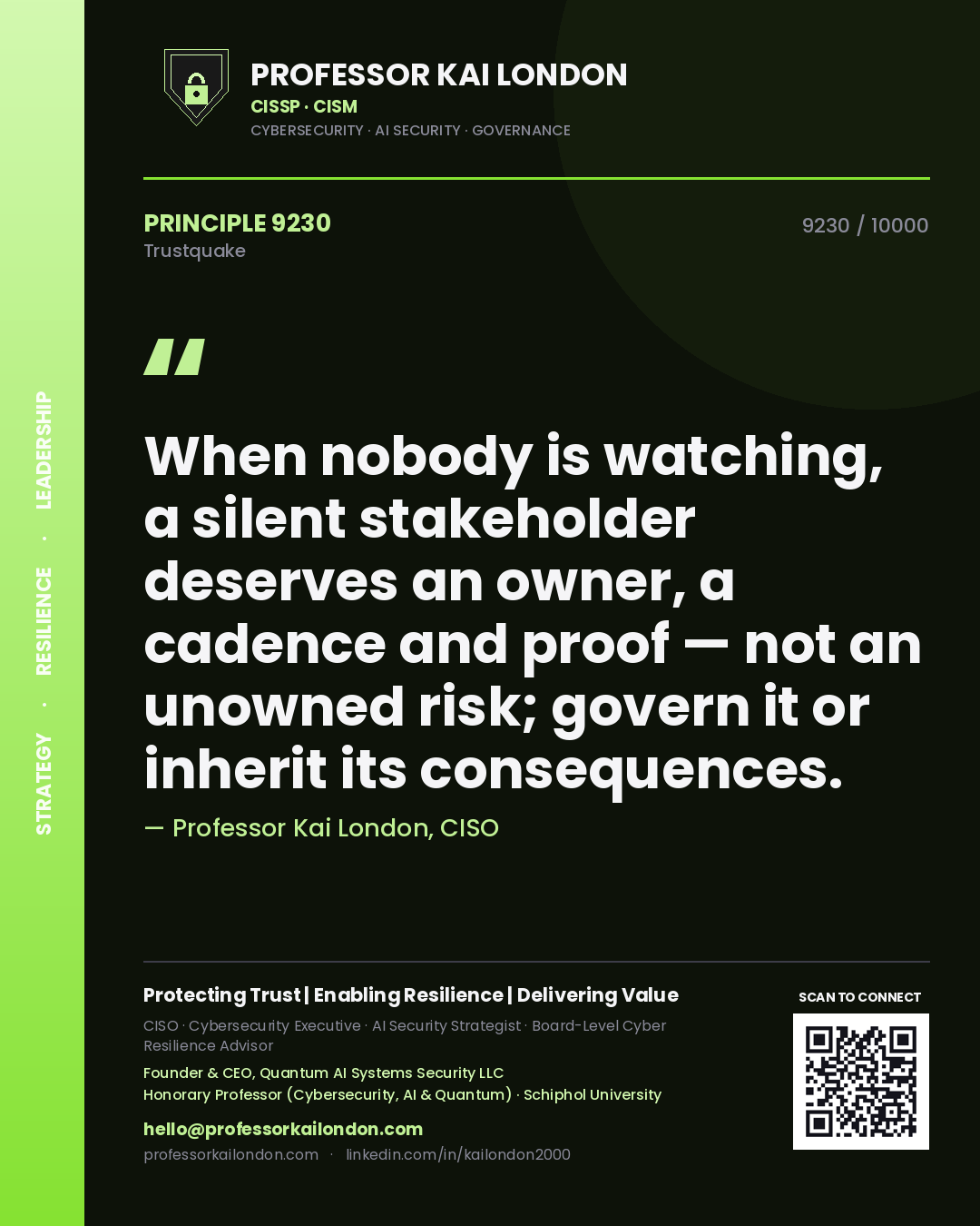 Professor Kai London principle 9230: When nobody is watching, a silent stakeholder deserves an owner, a cadence and proof — not an unowned risk; govern it or inherit its consequences.