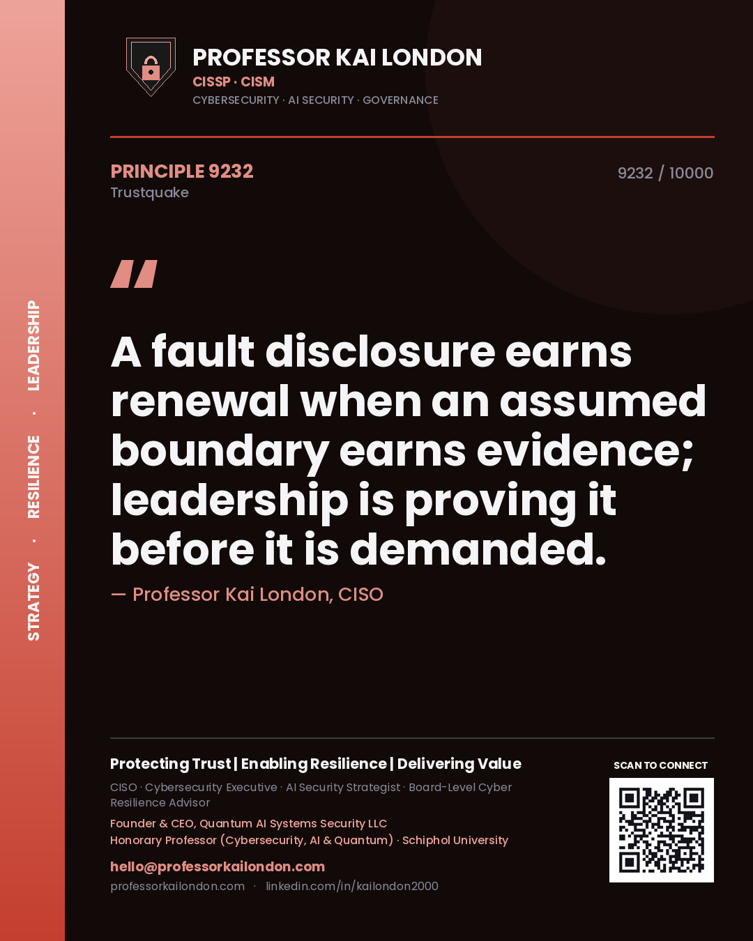 Quote card by Professor Kai London reading 'A fault disclosure earns renewal when an assumed boundary earns evidence; leadership is proving it before it is demanded.'. From the book Trustquake.