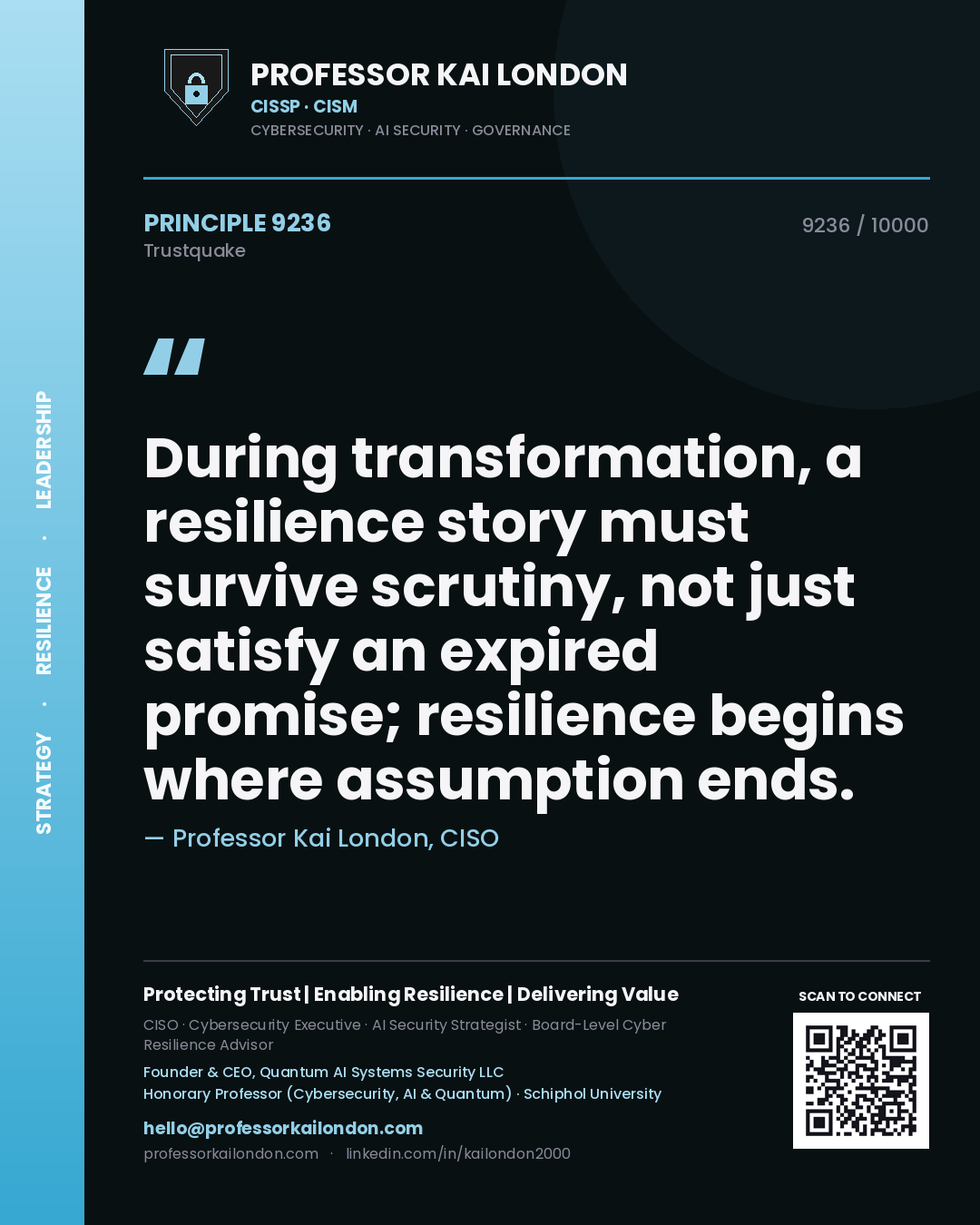 Quote card by Professor Kai London reading 'During transformation, a resilience story must survive scrutiny, not just satisfy an expired promise; resilience begins where assumption ends.'. From the book Trustquake.