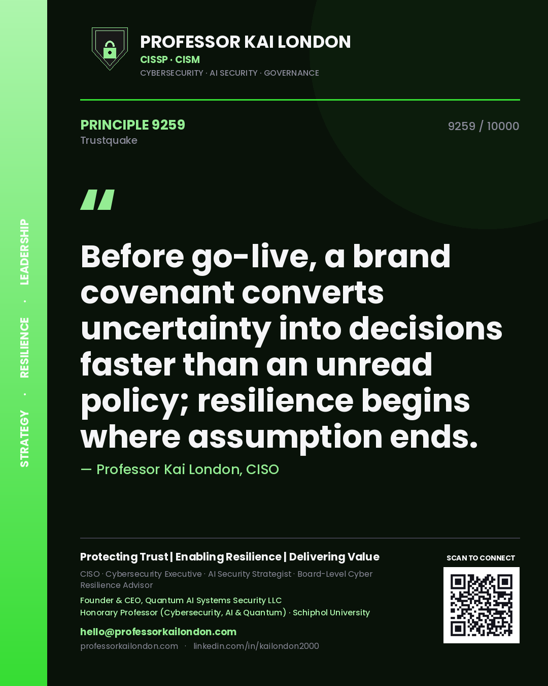 Quote card by Professor Kai London reading 'Before go-live, a brand covenant converts uncertainty into decisions faster than an unread policy; resilience begins where assumption ends.'. From the book Trustquake.