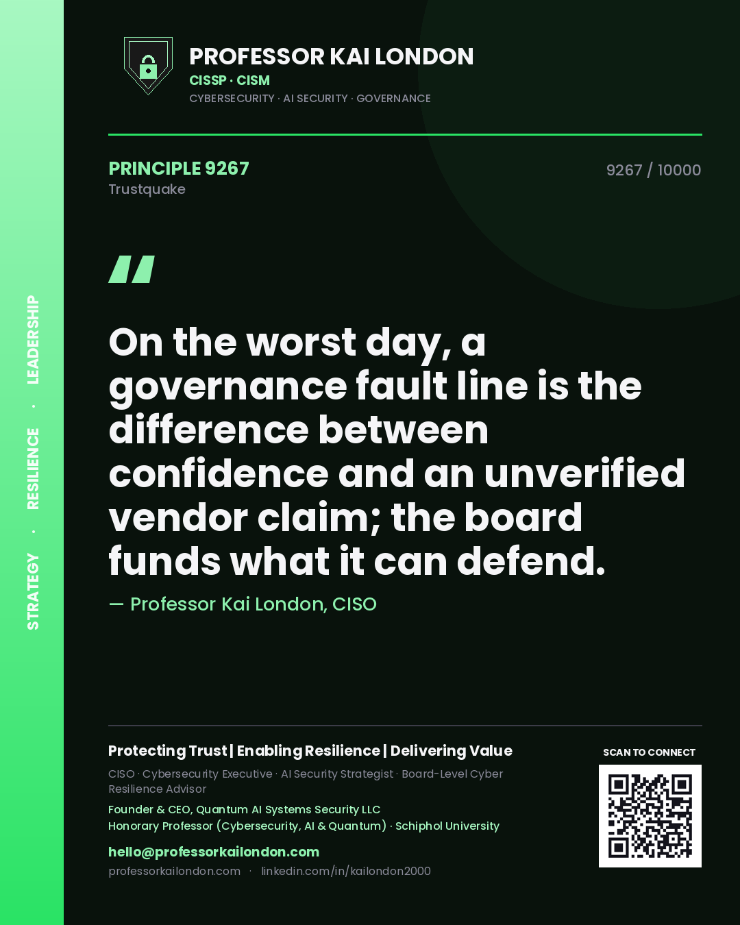 Quote card by Professor Kai London reading 'On the worst day, a governance fault line is the difference between confidence and an unverified vendor claim; the board funds what it can defend.'. From the book Trustquake.