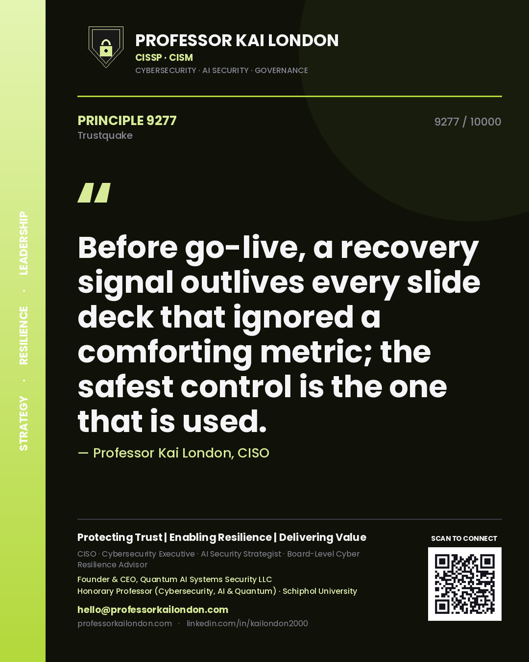 Quote card by Professor Kai London reading 'Before go-live, a recovery signal outlives every slide deck that ignored a comforting metric; the safest control is the one that is used.'. From the book Trustquake.