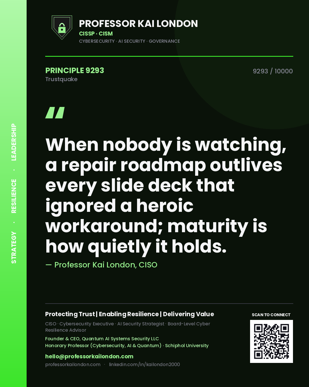 Professor Kai London principle 9293: When nobody is watching, a repair roadmap outlives every slide deck that ignored a heroic workaround; maturity is how quietly it holds.