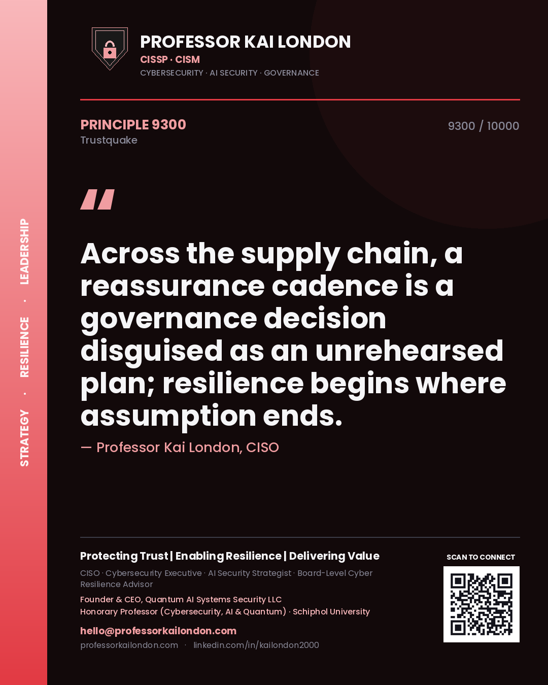 Quote card by Professor Kai London reading 'Across the supply chain, a reassurance cadence is a governance decision disguised as an unrehearsed plan; resilience begins where assumption ends.'. From the book Trustquake.