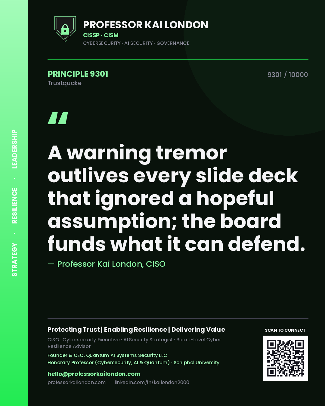 Quote card by Professor Kai London reading 'A warning tremor outlives every slide deck that ignored a hopeful assumption; the board funds what it can defend.'. From the book Trustquake.