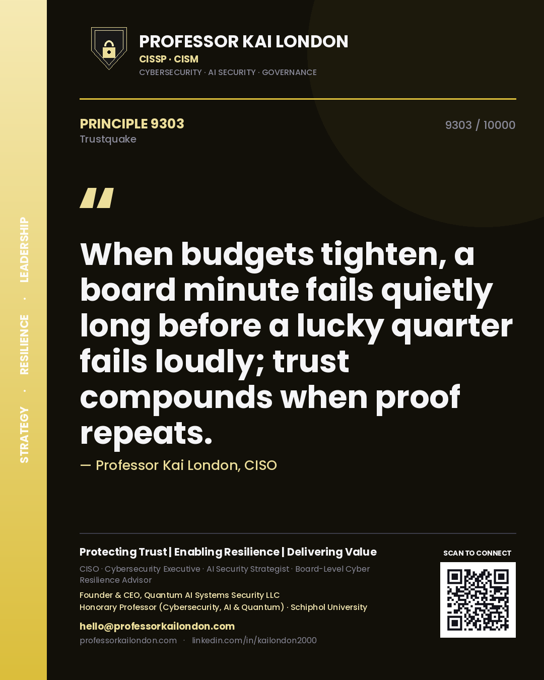 Quote card by Professor Kai London reading 'When budgets tighten, a board minute fails quietly long before a lucky quarter fails loudly; trust compounds when proof repeats.'. From the book Trustquake.