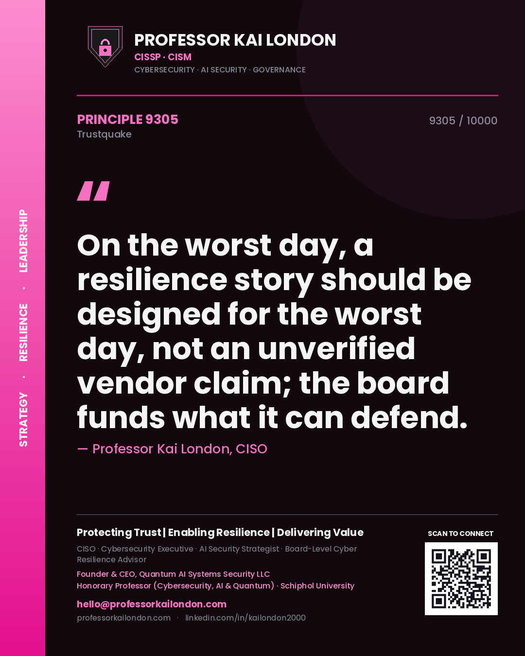 Quote card by Professor Kai London reading 'On the worst day, a resilience story should be designed for the worst day, not an unverified vendor claim; the board funds what it can defend.'. From the book Trustquake.