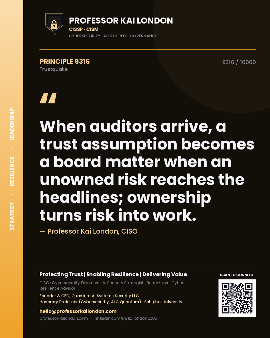 Quote card by Professor Kai London reading 'When auditors arrive, a trust assumption becomes a board matter when an unowned risk reaches the headlines; ownership turns risk into work.'. From the book Trustquake.