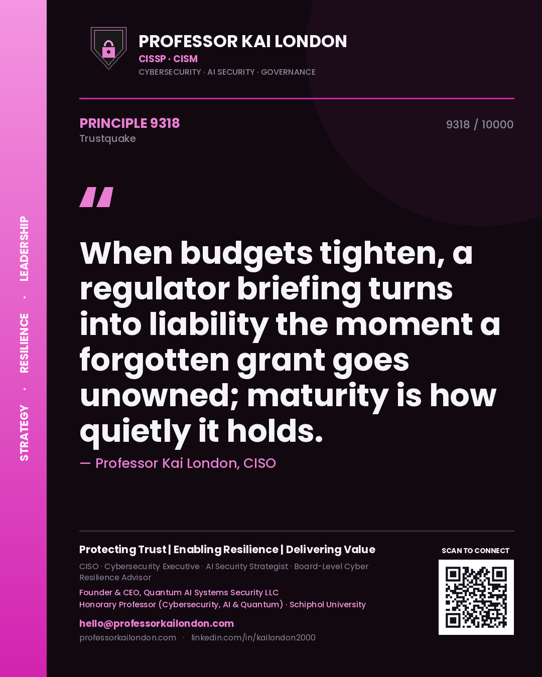 Quote card by Professor Kai London reading 'When budgets tighten, a regulator briefing turns into liability the moment a forgotten grant goes unowned; maturity is how quietly it holds.'. From the book Trustquake.