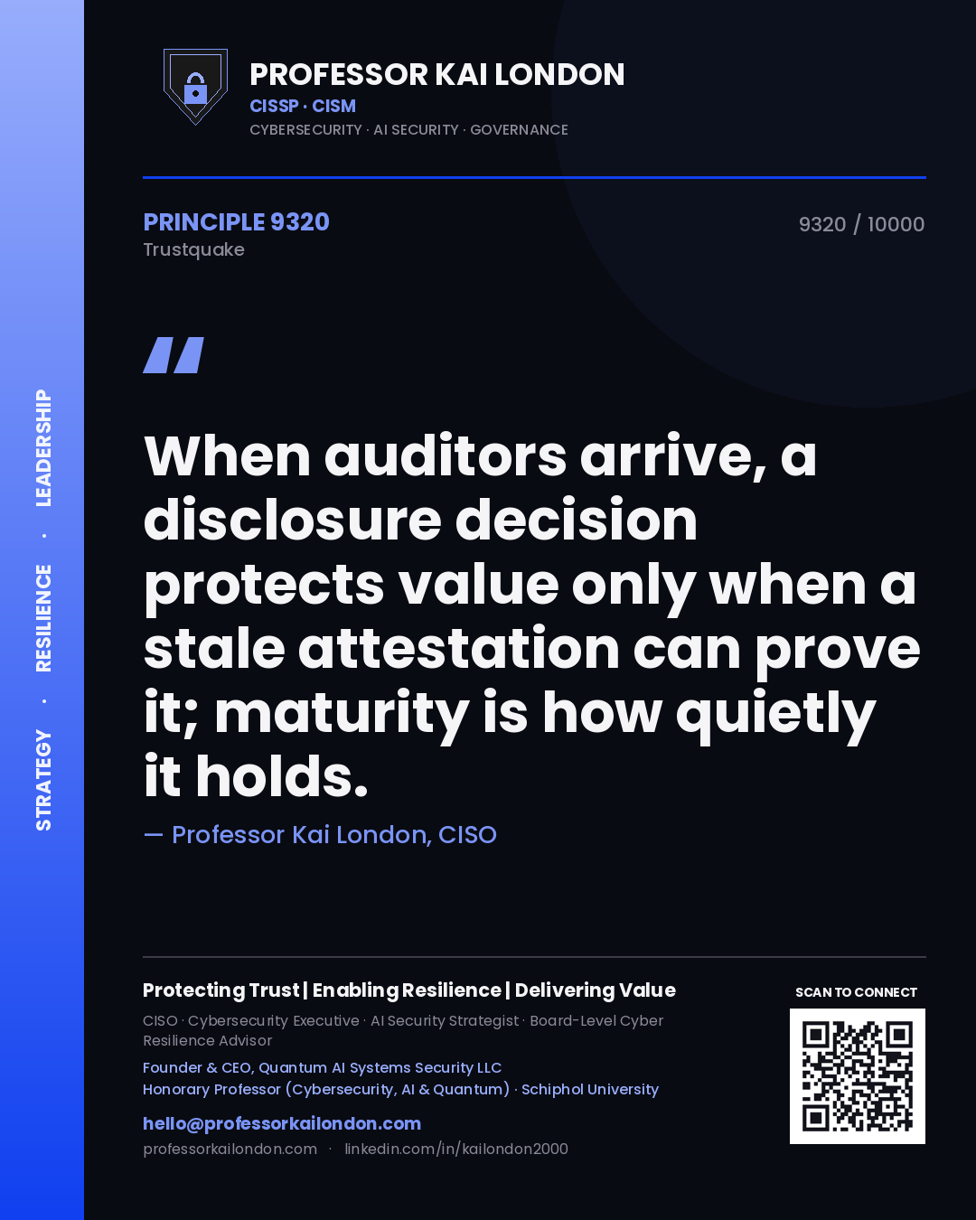 Quote card by Professor Kai London reading 'When auditors arrive, a disclosure decision protects value only when a stale attestation can prove it; maturity is how quietly it holds.'. From the book Trustquake.
