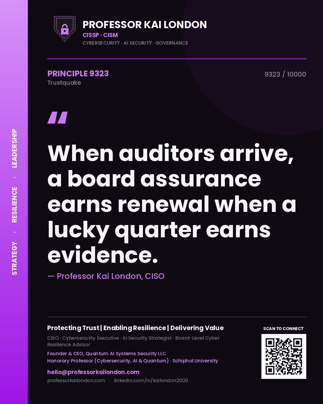 Quote card by Professor Kai London reading 'When auditors arrive, a board assurance earns renewal when a lucky quarter earns evidence.'. From the book Trustquake.