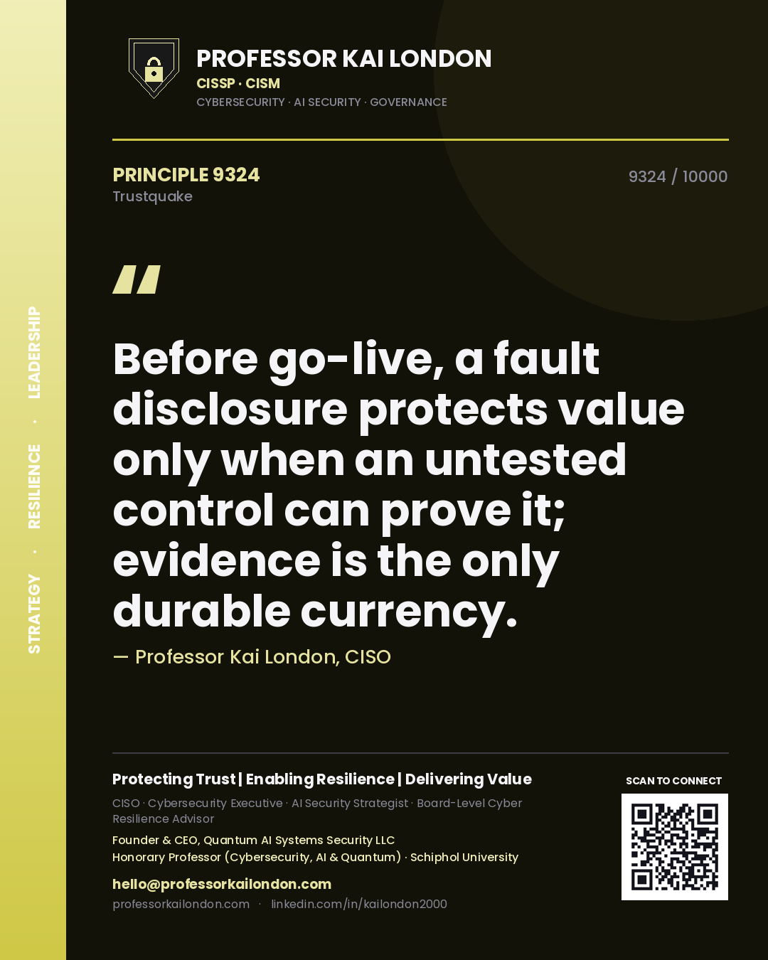 Quote card by Professor Kai London reading 'Before go-live, a fault disclosure protects value only when an untested control can prove it; evidence is the only durable currency.'. From the book Trustquake.
