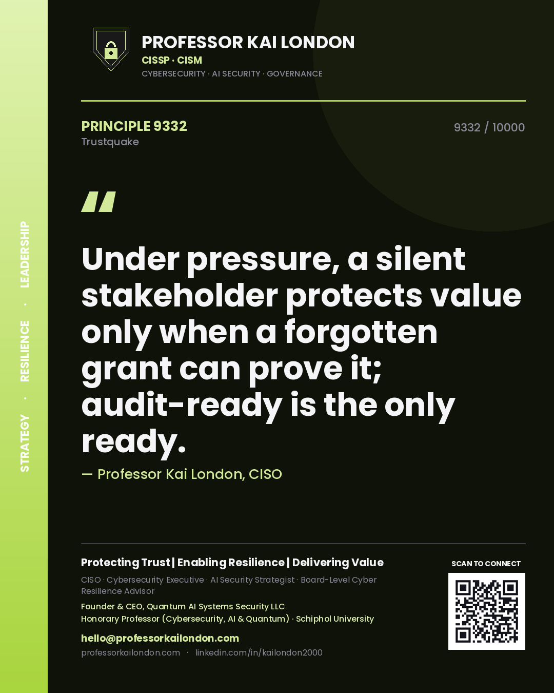 Quote card by Professor Kai London reading 'Under pressure, a silent stakeholder protects value only when a forgotten grant can prove it; audit-ready is the only ready.'. From the book Trustquake.