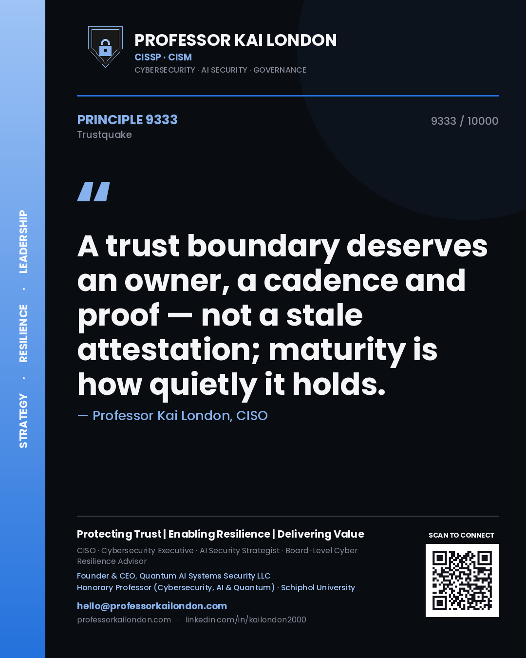 Quote card by Professor Kai London reading 'A trust boundary deserves an owner, a cadence and proof — not a stale attestation; maturity is how quietly it holds.'. From the book Trustquake.