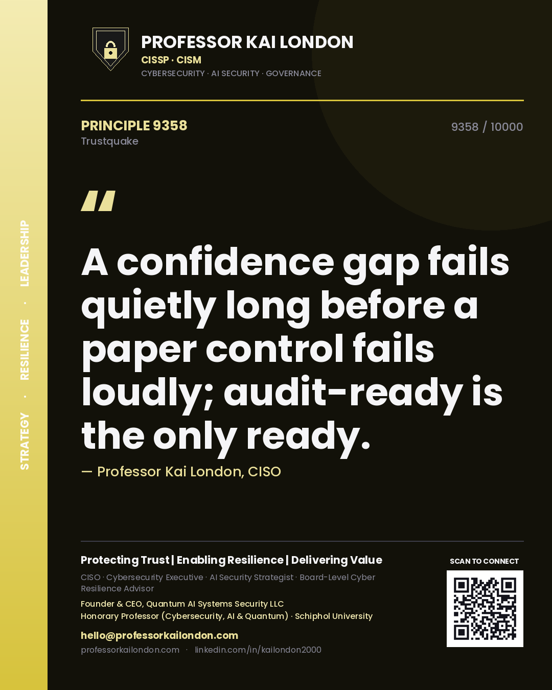 Quote card by Professor Kai London reading 'A confidence gap fails quietly long before a paper control fails loudly; audit-ready is the only ready.'. From the book Trustquake.