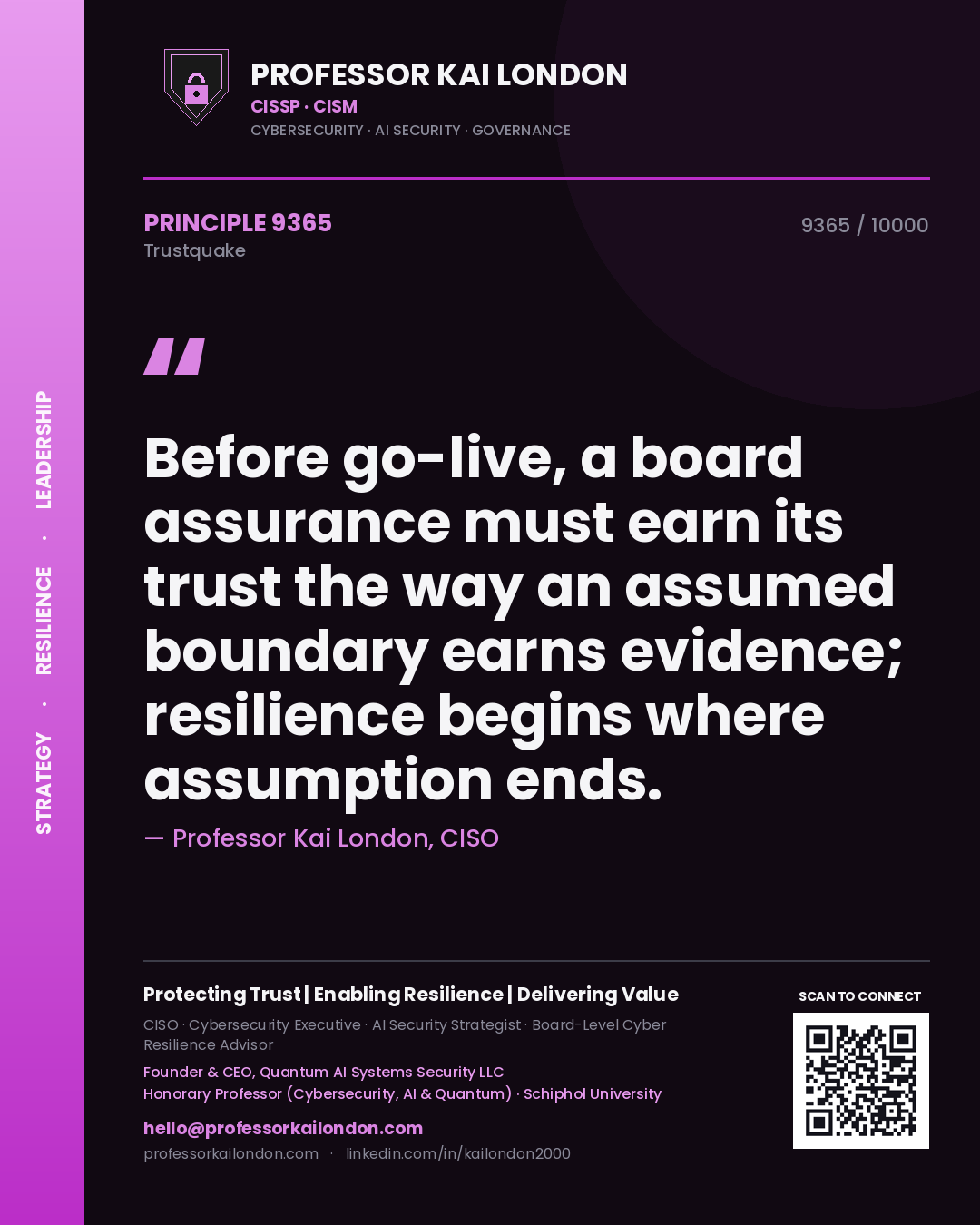 Quote card by Professor Kai London reading 'Before go-live, a board assurance must earn its trust the way an assumed boundary earns evidence; resilience begins where assumption ends.'. From the book Trustquake.