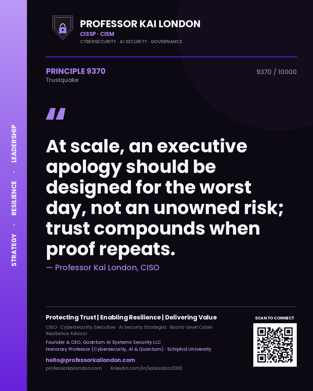 Quote card by Professor Kai London reading 'At scale, an executive apology should be designed for the worst day, not an unowned risk; trust compounds when proof repeats.'. From the book Trustquake.