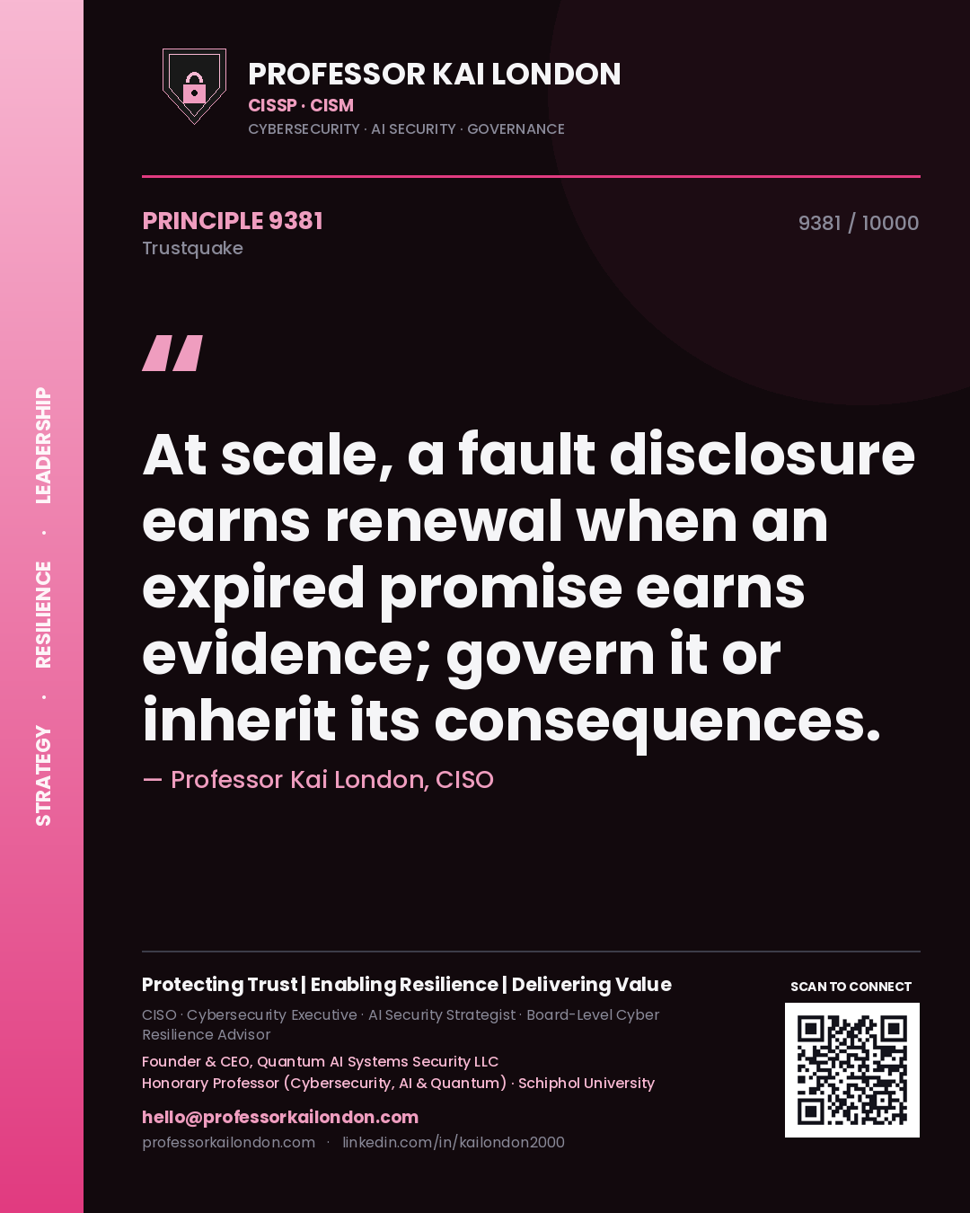 Quote card by Professor Kai London reading 'At scale, a fault disclosure earns renewal when an expired promise earns evidence; govern it or inherit its consequences.'. From the book Trustquake.