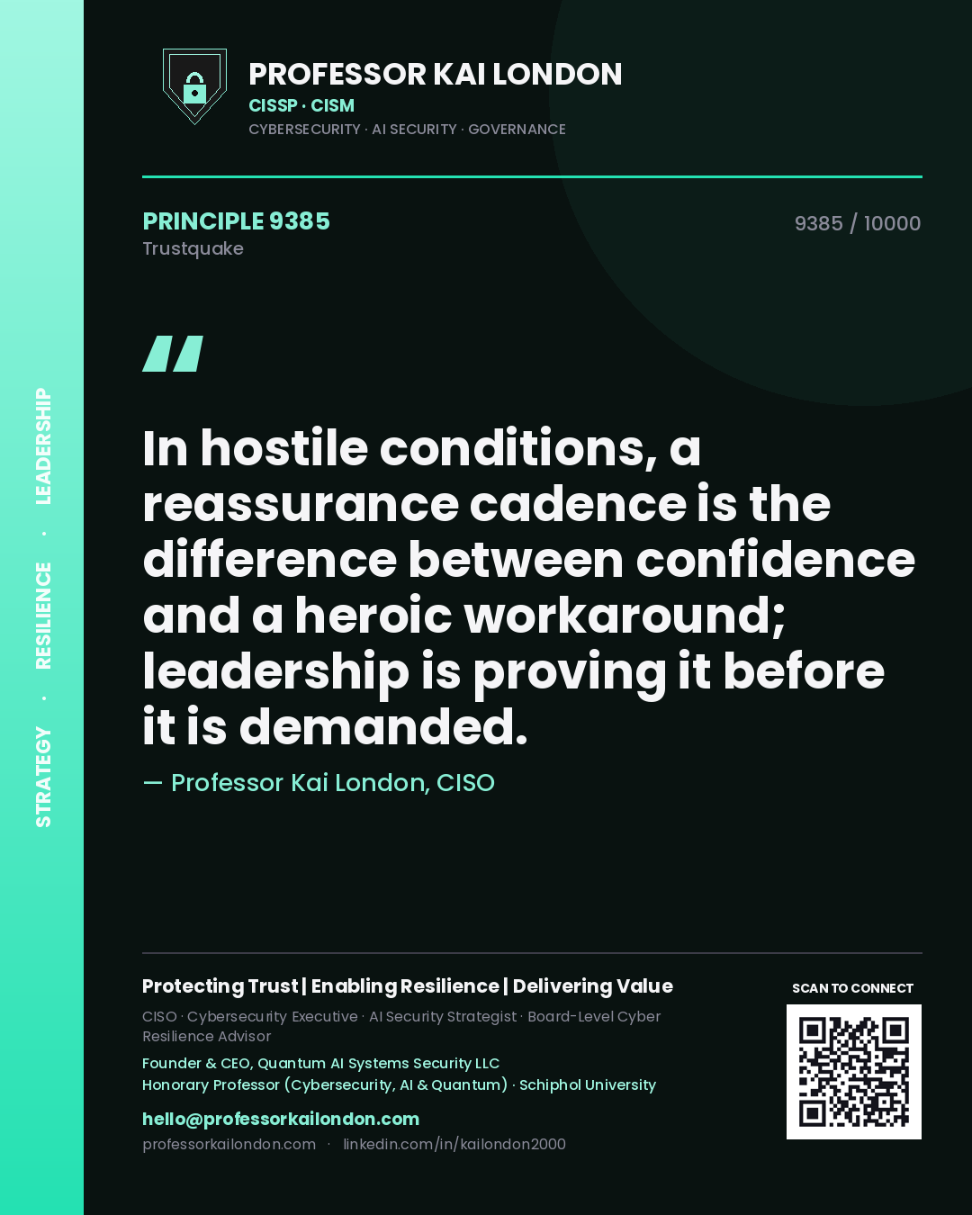 Quote card by Professor Kai London reading 'In hostile conditions, a reassurance cadence is the difference between confidence and a heroic workaround; leadership is proving it before it is demanded.'. From the book Trustquake.