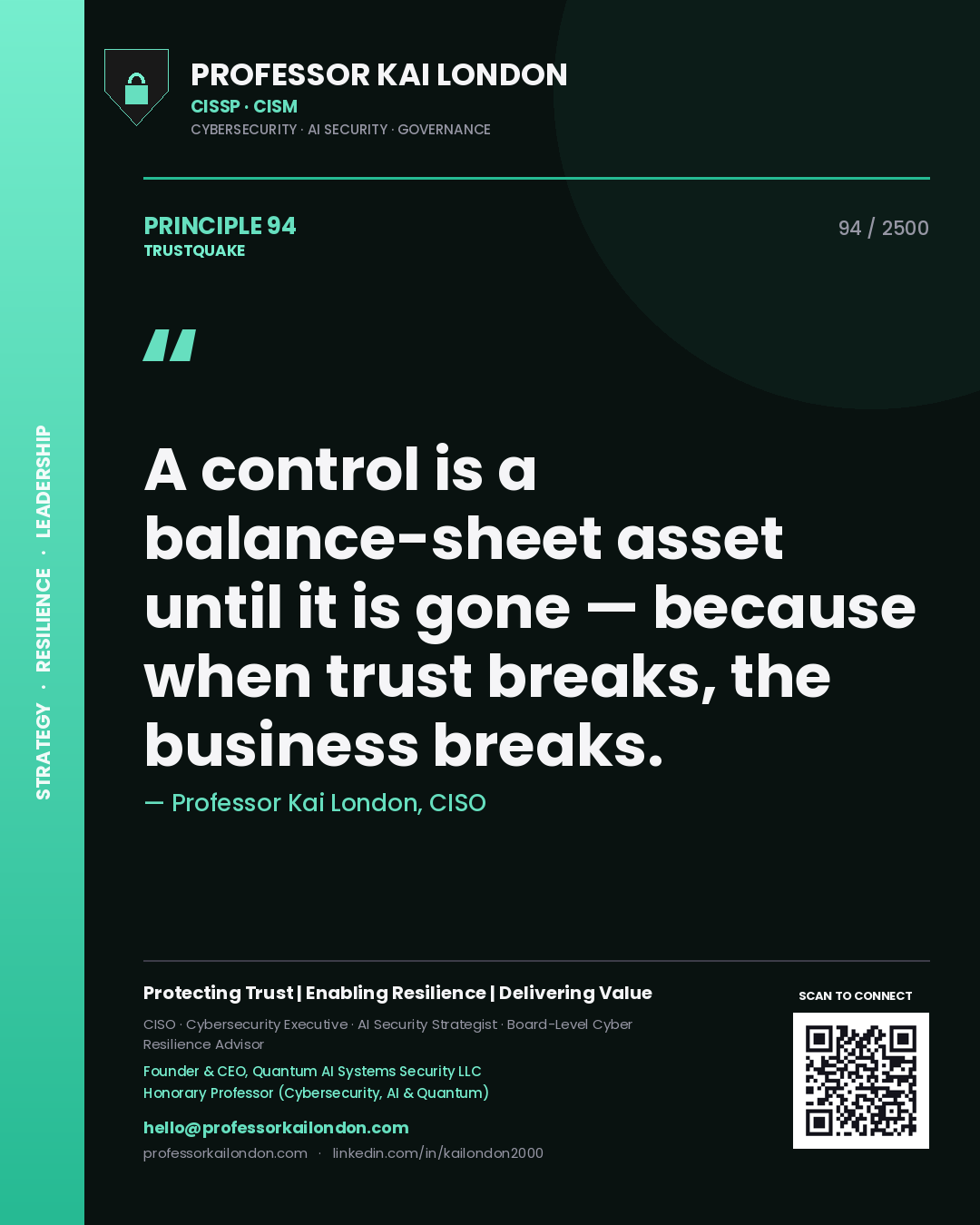 Quote card by Professor Kai London reading 'A control is a balance-sheet asset until it is gone — because when trust breaks, the business breaks.'. From the book Trustquake.