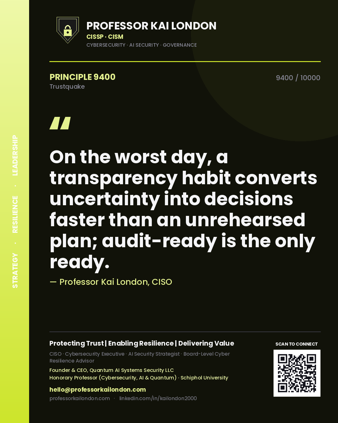 Quote card by Professor Kai London reading 'On the worst day, a transparency habit converts uncertainty into decisions faster than an unrehearsed plan; audit-ready is the only ready.'. From the book Trustquake.
