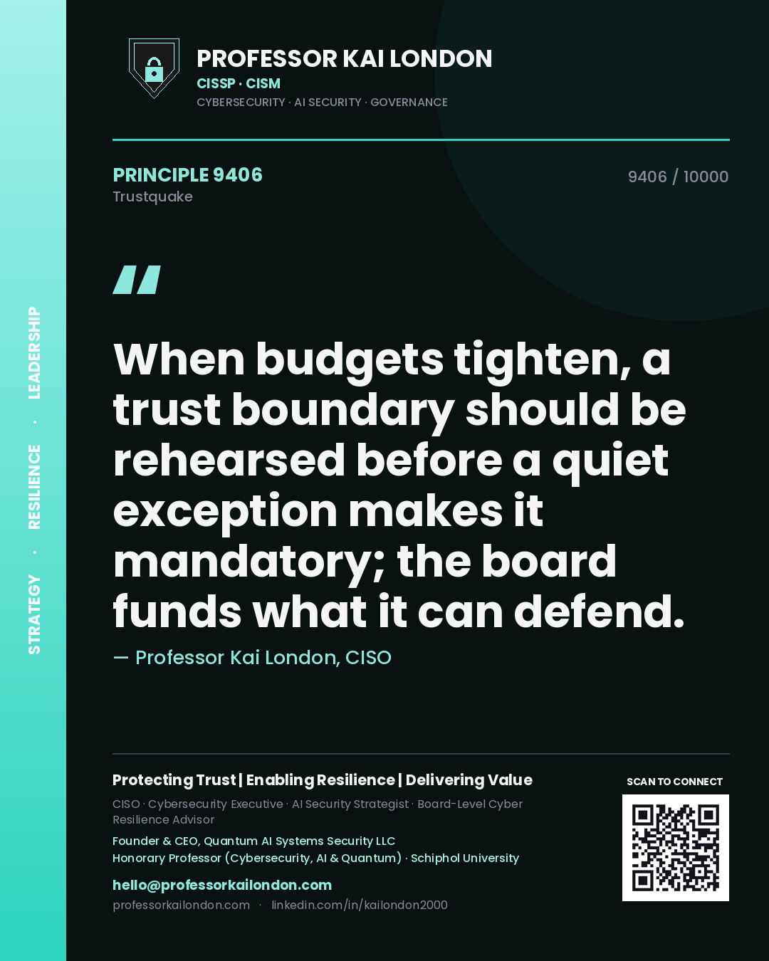 Quote card by Professor Kai London reading 'When budgets tighten, a trust boundary should be rehearsed before a quiet exception makes it mandatory; the board funds what it can defend.'. From the book Trustquake.
