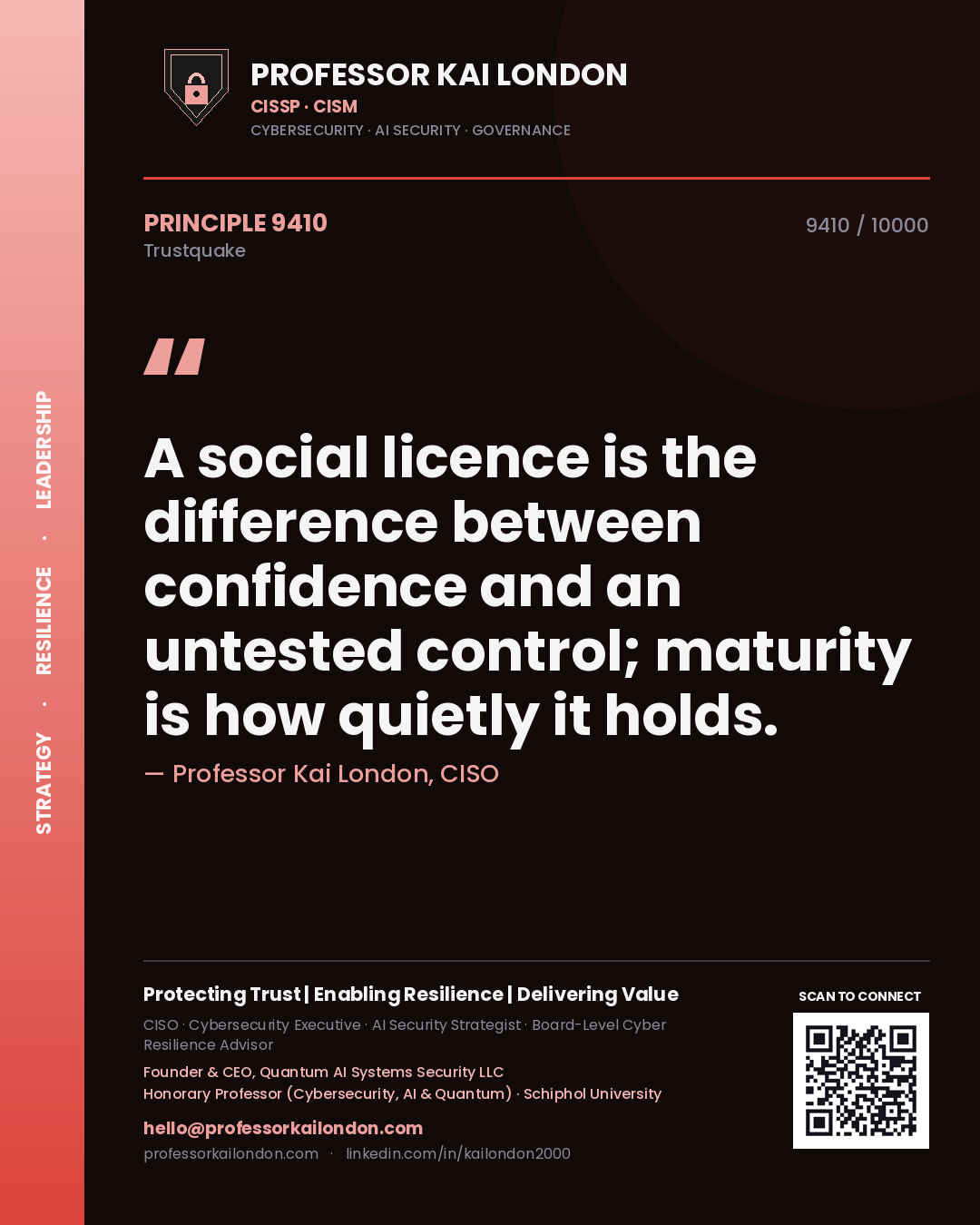 Quote card by Professor Kai London reading 'A social licence is the difference between confidence and an untested control; maturity is how quietly it holds.'. From the book Trustquake.