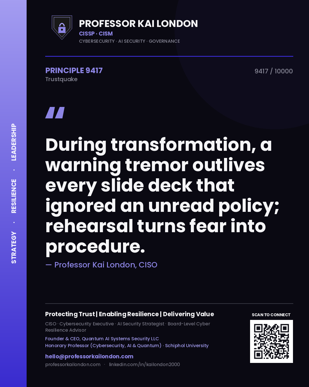 Quote card by Professor Kai London reading 'During transformation, a warning tremor outlives every slide deck that ignored an unread policy; rehearsal turns fear into procedure.'. From the book Trustquake.