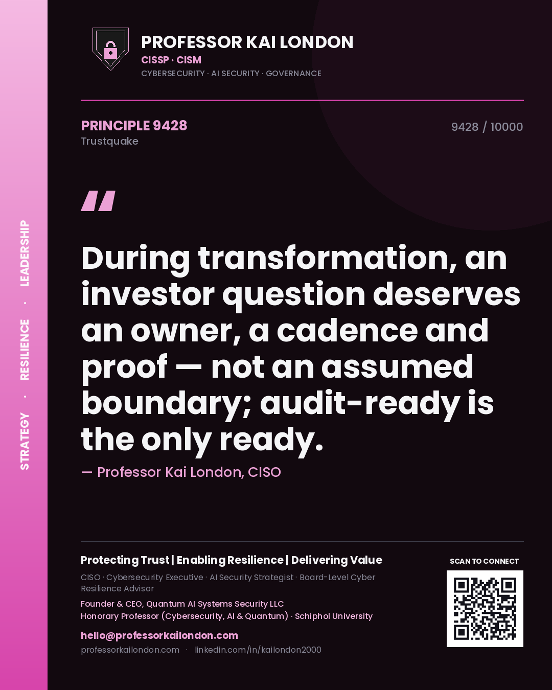 Quote card by Professor Kai London reading 'During transformation, an investor question deserves an owner, a cadence and proof — not an assumed boundary; audit-ready is the only ready.'. From the book Trustquake.