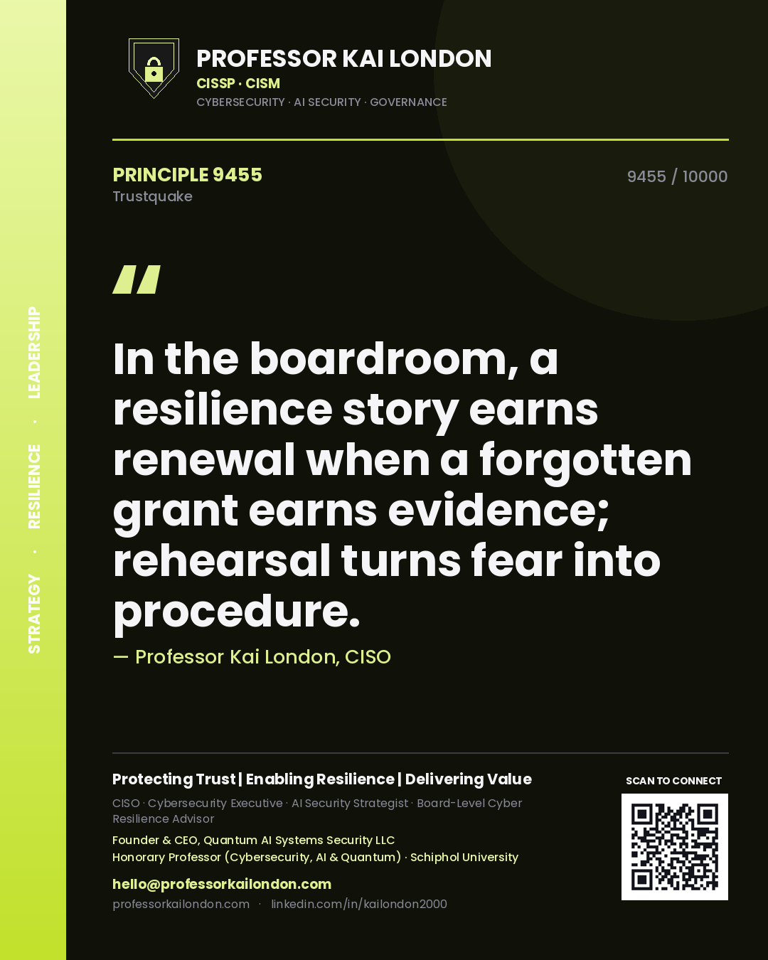 Professor Kai London principle 9455: In the boardroom, a resilience story earns renewal when a forgotten grant earns evidence; rehearsal turns fear into procedure.