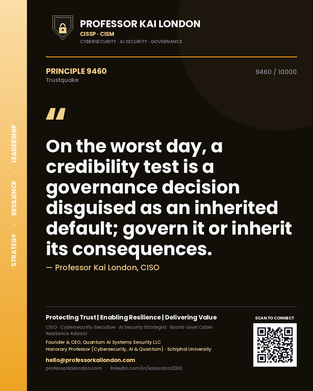 Quote card by Professor Kai London reading 'On the worst day, a credibility test is a governance decision disguised as an inherited default; govern it or inherit its consequences.'. From the book Trustquake.