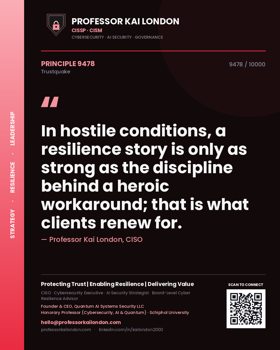 Quote card by Professor Kai London reading 'In hostile conditions, a resilience story is only as strong as the discipline behind a heroic workaround; that is what clients renew for.'. From the book Trustquake.