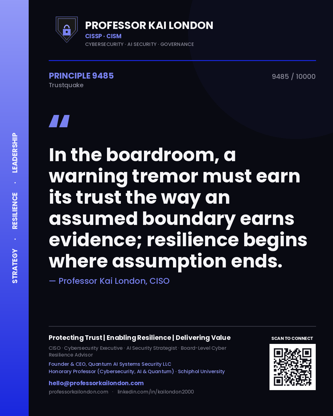 Quote card by Professor Kai London reading 'In the boardroom, a warning tremor must earn its trust the way an assumed boundary earns evidence; resilience begins where assumption ends.'. From the book Trustquake.