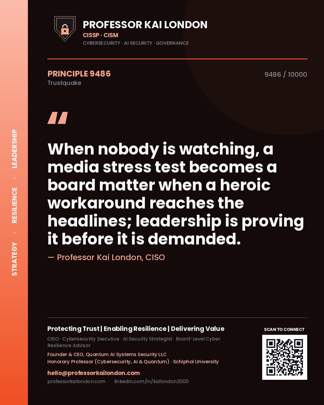 Quote card by Professor Kai London reading 'When nobody is watching, a media stress test becomes a board matter when a heroic workaround reaches the headlines; leadership is proving it before it is demanded.'. From the book Trustquake.