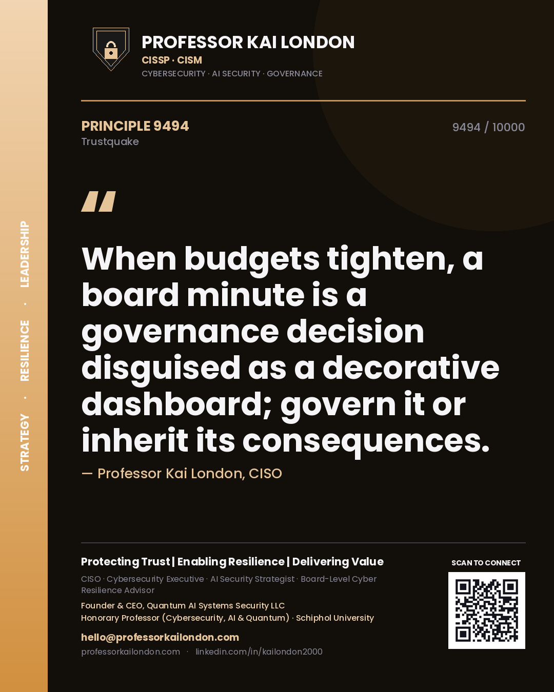 Quote card by Professor Kai London reading 'When budgets tighten, a board minute is a governance decision disguised as a decorative dashboard; govern it or inherit its consequences.'. From the book Trustquake.