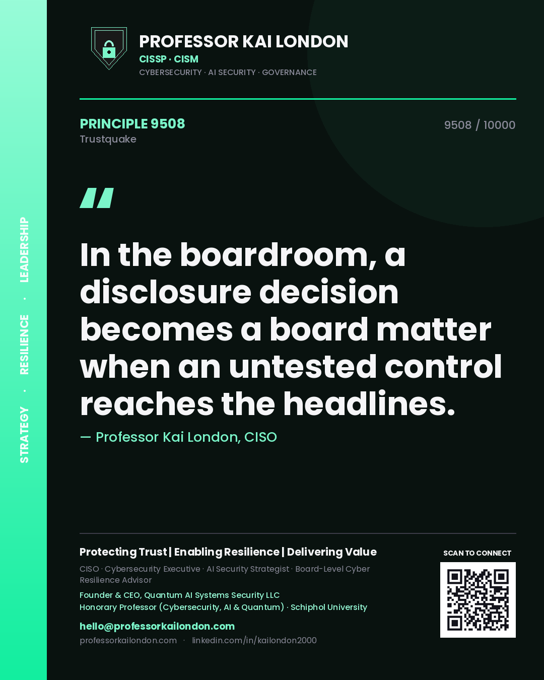 Professor Kai London principle 9508: In the boardroom, a disclosure decision becomes a board matter when an untested control reaches the headlines.