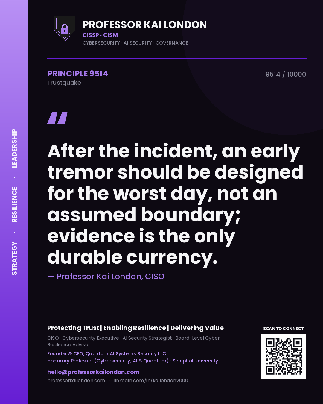Quote card by Professor Kai London reading 'After the incident, an early tremor should be designed for the worst day, not an assumed boundary; evidence is the only durable currency.'. From the book Trustquake.