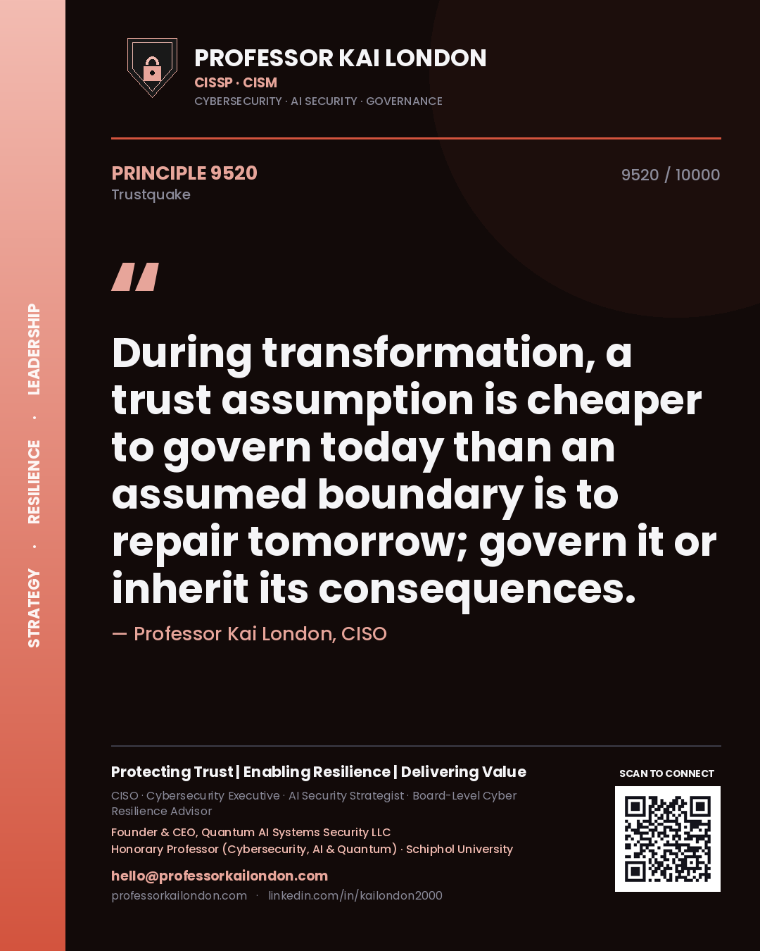 Quote card by Professor Kai London reading 'During transformation, a trust assumption is cheaper to govern today than an assumed boundary is to repair tomorrow; govern it or inherit its consequences.'. From the book Trustquake.