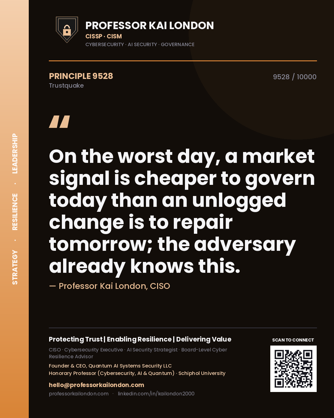 Quote card by Professor Kai London reading 'On the worst day, a market signal is cheaper to govern today than an unlogged change is to repair tomorrow; the adversary already knows this.'. From the book Trustquake.