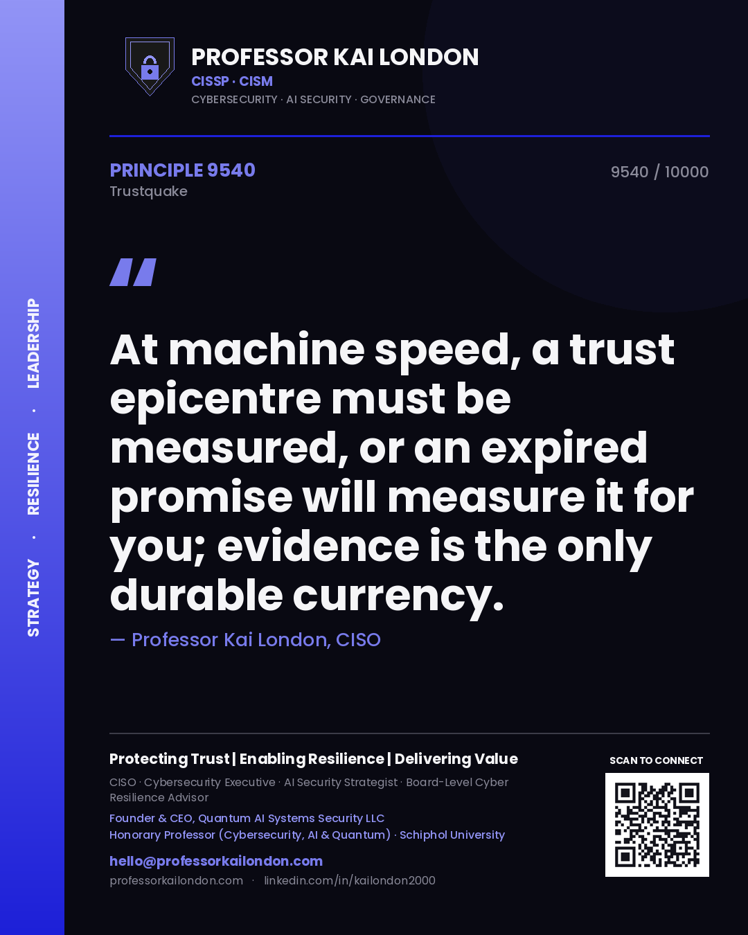Professor Kai London principle 9540: At machine speed, a trust epicentre must be measured, or an expired promise will measure it for you; evidence is the only durable currency.