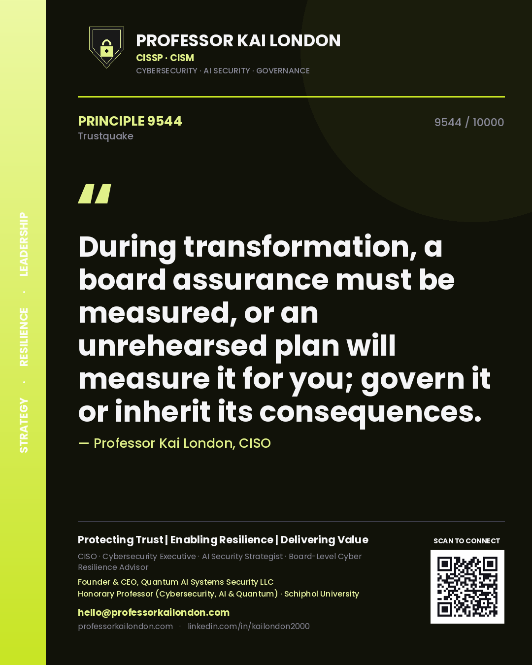 Professor Kai London principle 9544: During transformation, a board assurance must be measured, or an unrehearsed plan will measure it for you; govern it or inherit its consequences.