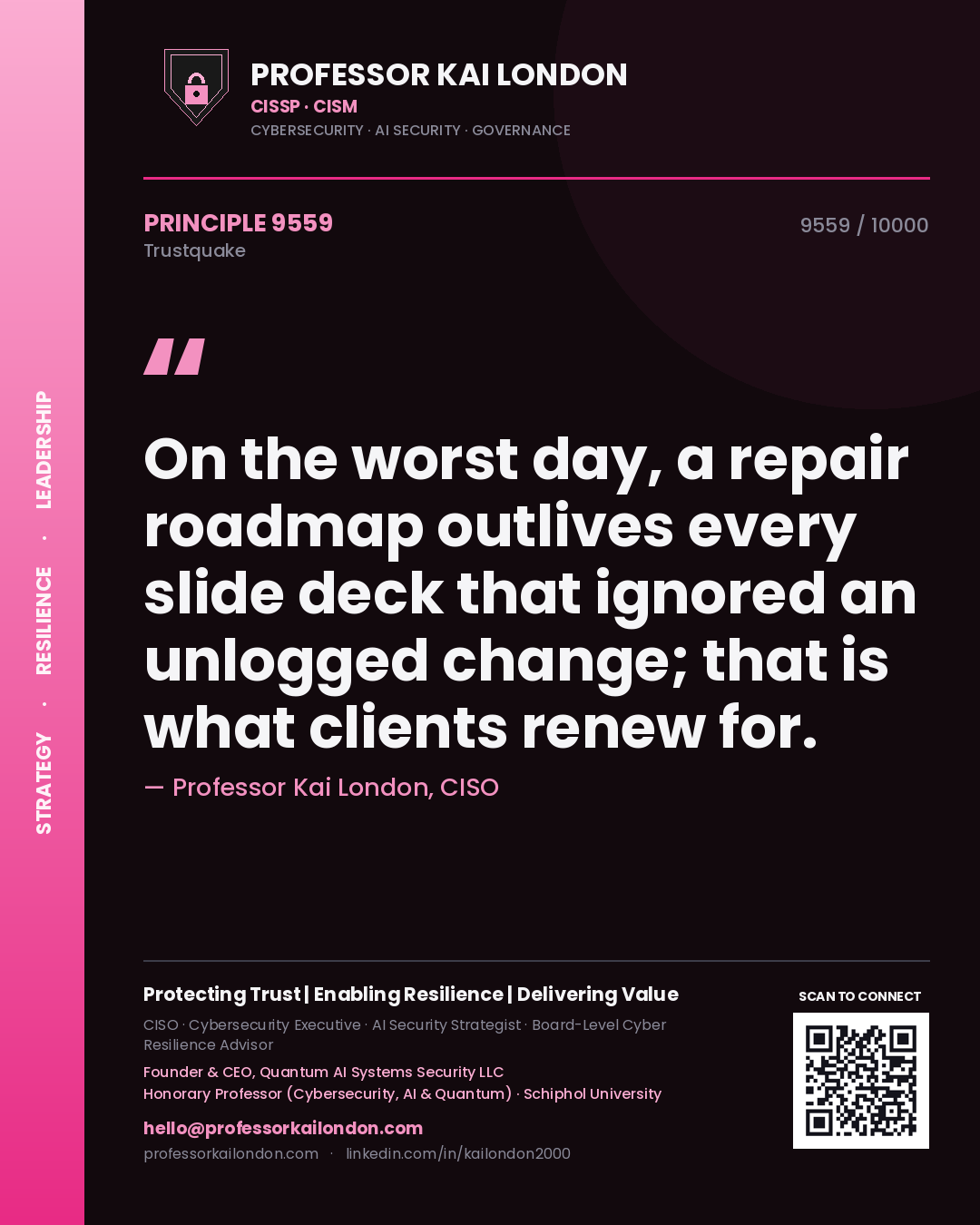 Quote card by Professor Kai London reading 'On the worst day, a repair roadmap outlives every slide deck that ignored an unlogged change; that is what clients renew for.'. From the book Trustquake.
