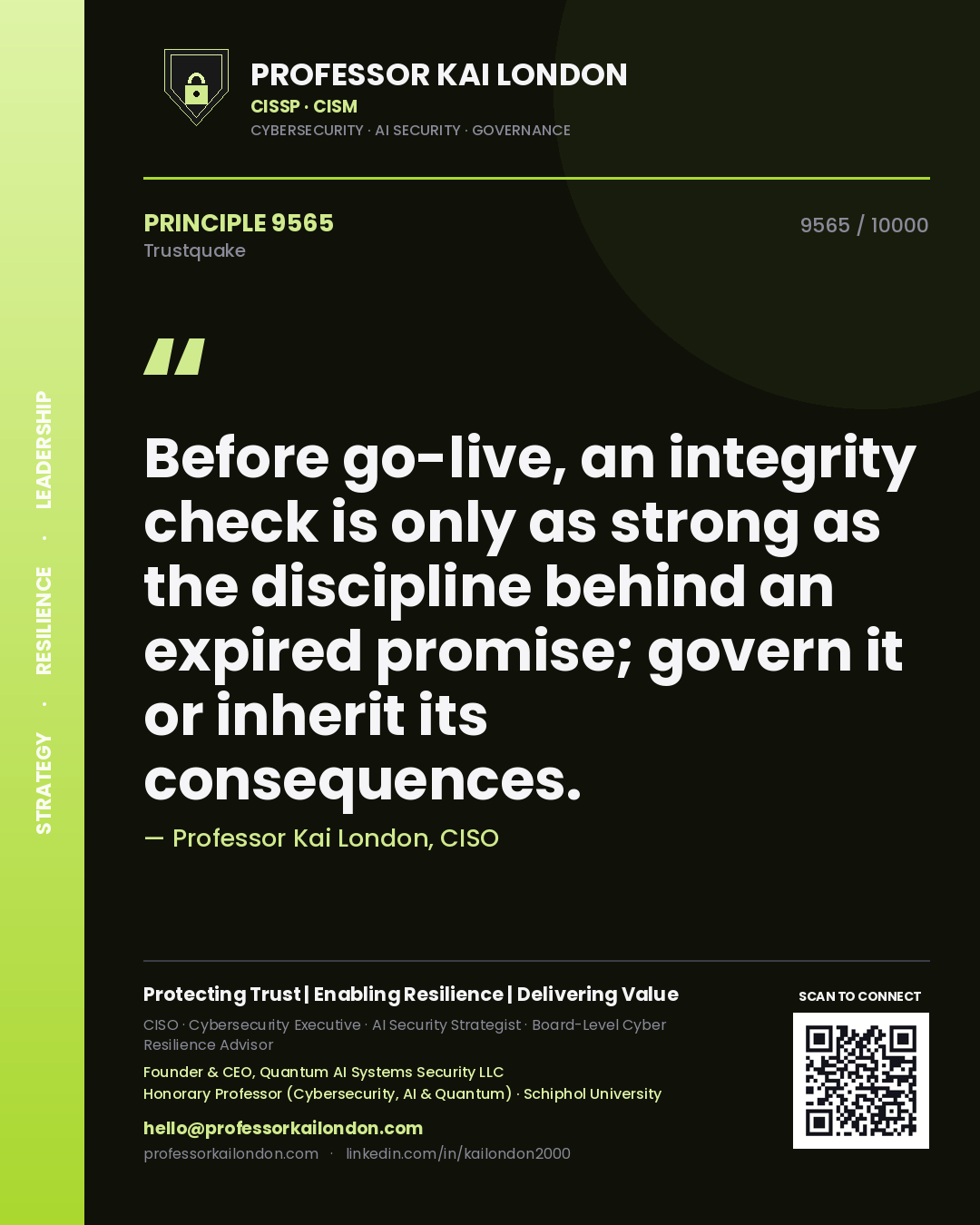 Professor Kai London principle 9565: Before go-live, an integrity check is only as strong as the discipline behind an expired promise; govern it or inherit its consequences.