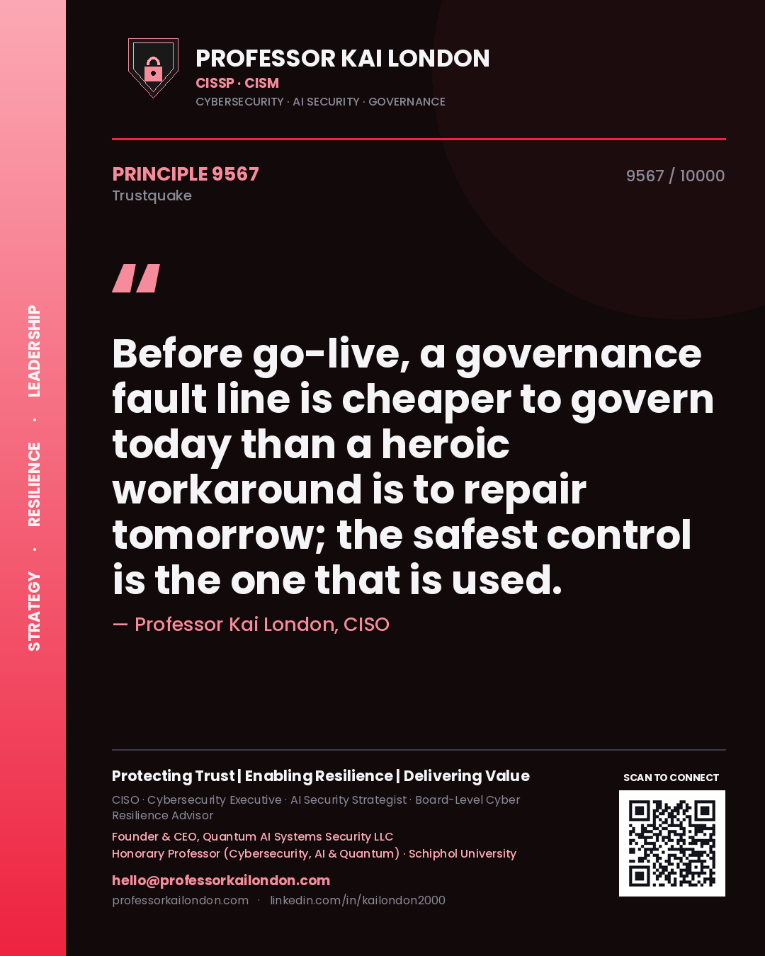 Quote card by Professor Kai London reading 'Before go-live, a governance fault line is cheaper to govern today than a heroic workaround is to repair tomorrow; the safest control is the one that is used.'. From the book Trustquake.
