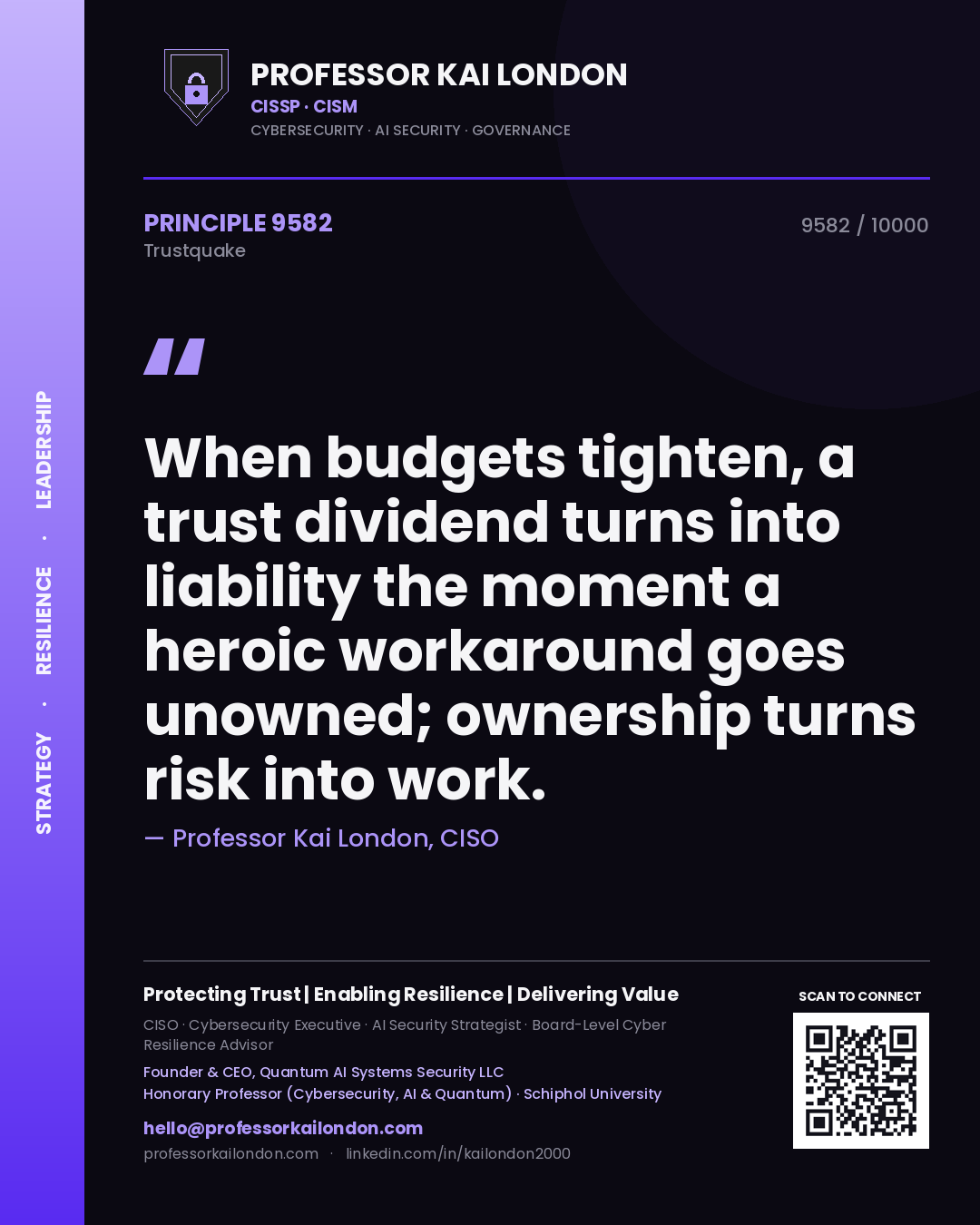 Quote card by Professor Kai London reading 'When budgets tighten, a trust dividend turns into liability the moment a heroic workaround goes unowned; ownership turns risk into work.'. From the book Trustquake.