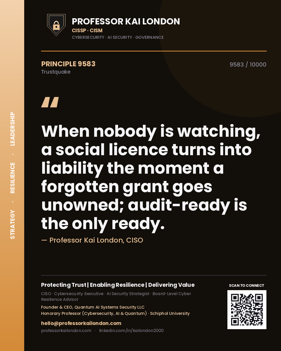 Quote card by Professor Kai London reading 'When nobody is watching, a social licence turns into liability the moment a forgotten grant goes unowned; audit-ready is the only ready.'. From the book Trustquake.